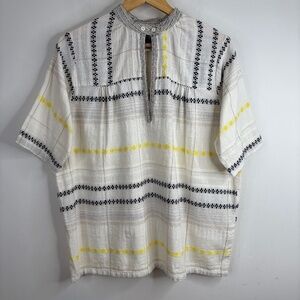ace & jig Shirt M Ivory Embroidered Stripe Woven Short Sleeve Boxy Boho Indie